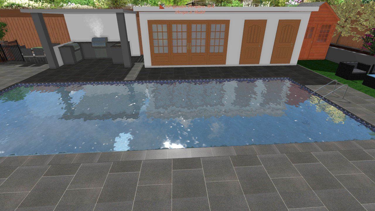 Backyard with a pool, patio, and a structure with wooden doors and windows.