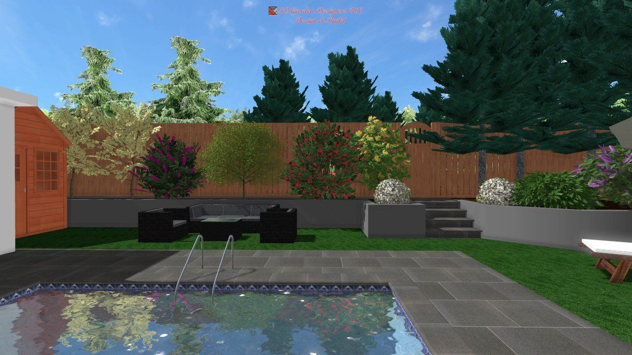 Backyard rendering with pool, landscaping, and seating area.