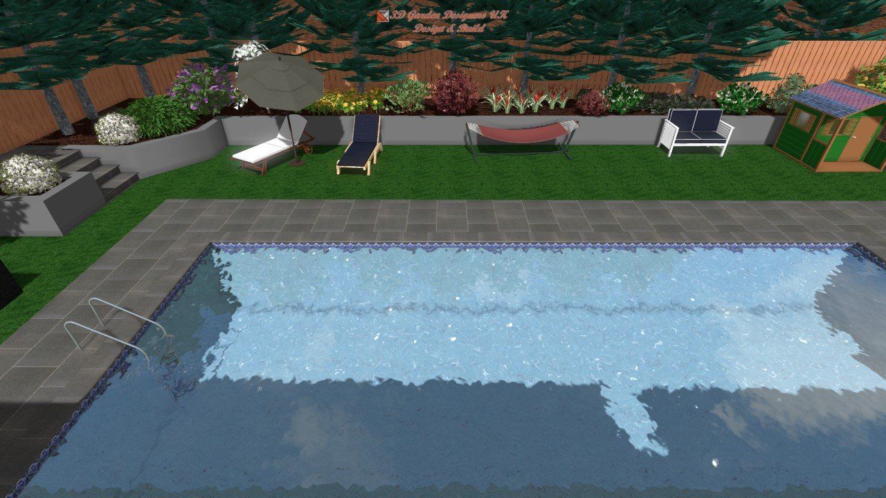 Swimming pool in a backyard with lounge chairs, a hammock, and a playhouse. Green grass and trees in the background.