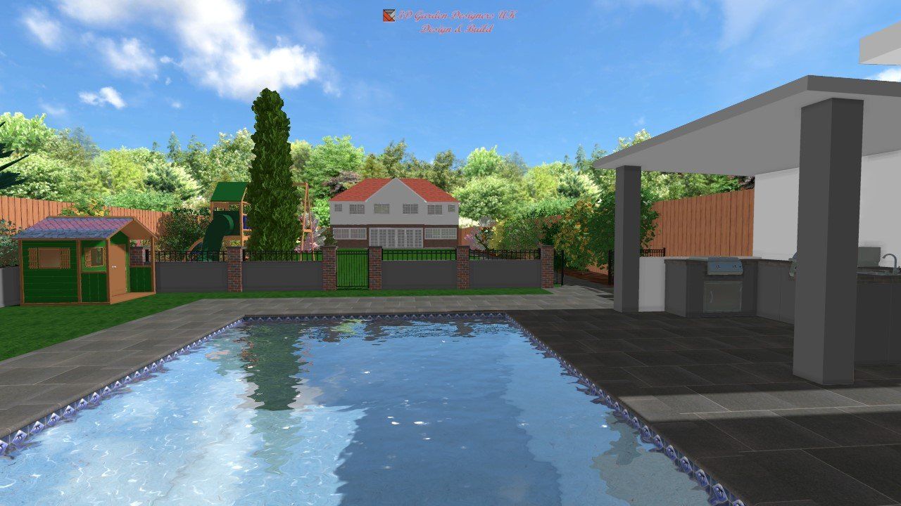 Backyard scene with pool, playhouse, patio, and house in the distance, sunny day.