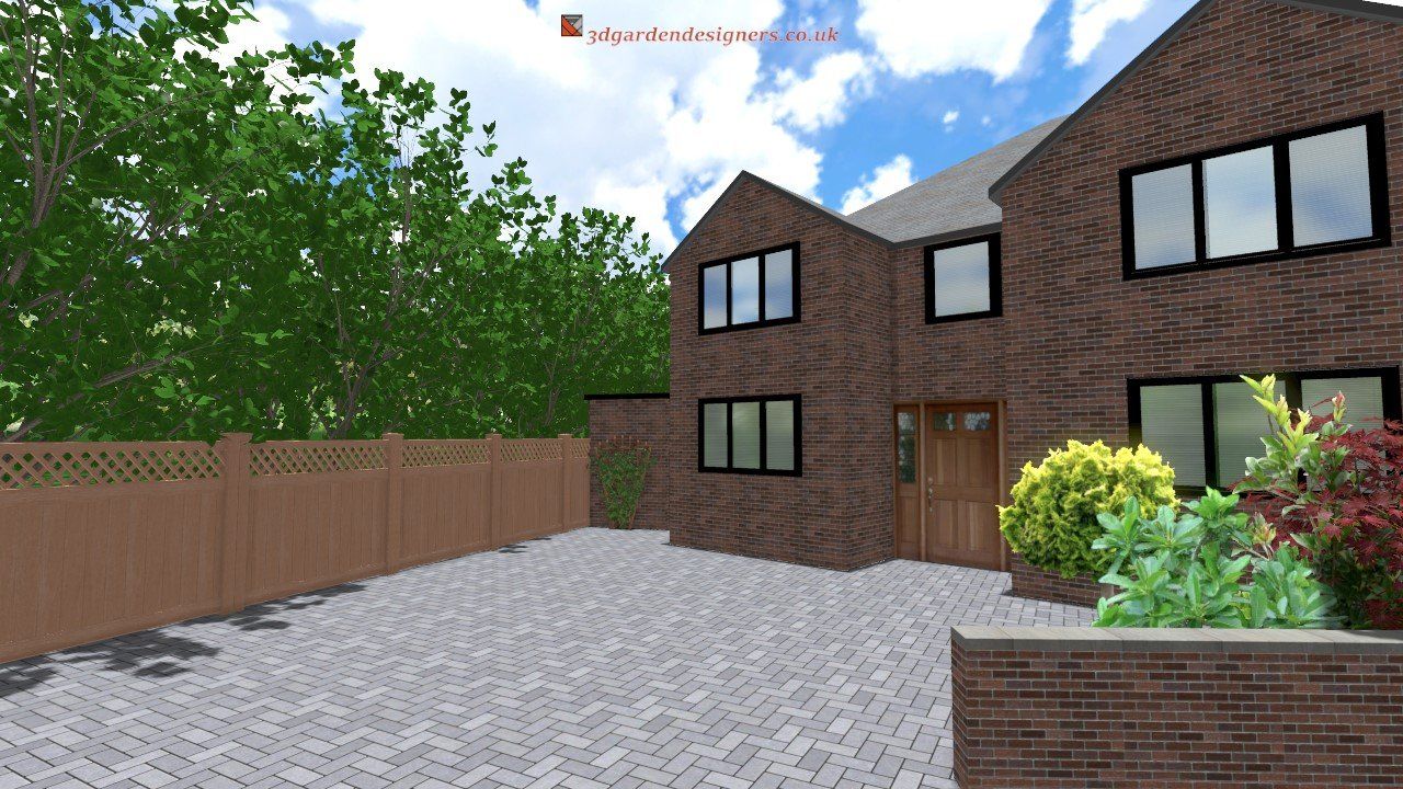 Brick house with windows and a paved driveway, brown fence, and landscaping against a blue sky.
