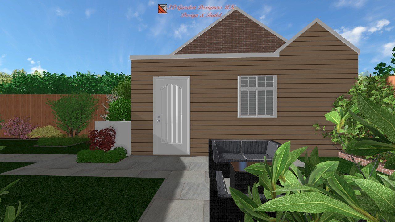 Backyard scene with a wooden shed, a paved patio with a dark grey sofa set, and surrounding greenery.