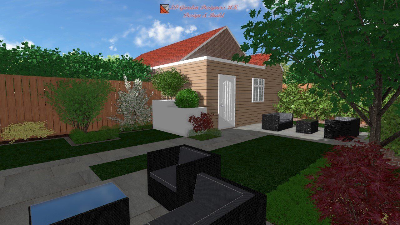 Backyard scene with patio furniture, a small building, and trees.