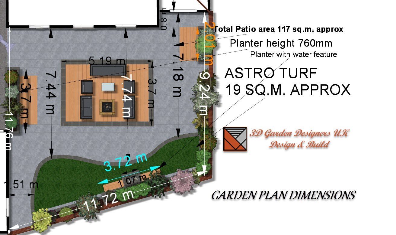 Garden plan with dimensions, featuring patio, astro turf, and planters.