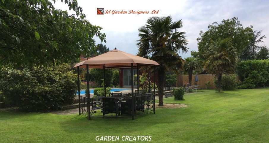 Gazebo with table and chairs in a grassy yard, trees and pool in the background.