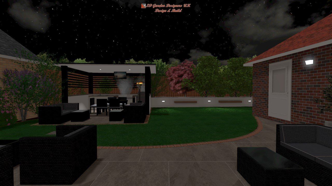 Nighttime backyard scene with patio furniture, a dining area, and a brick house.