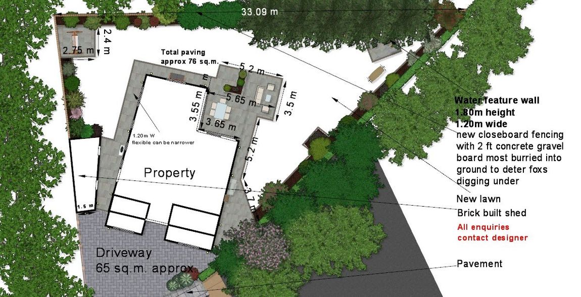 Overhead plan of a property with a driveway, patio, and landscaped areas, including trees, a wall, and paving.