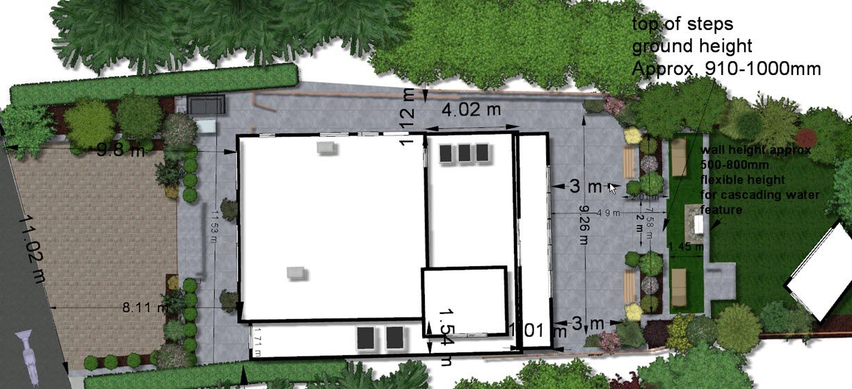 Top-down architectural plan of a building and surrounding landscape, including driveways, landscaping, and text annotations.