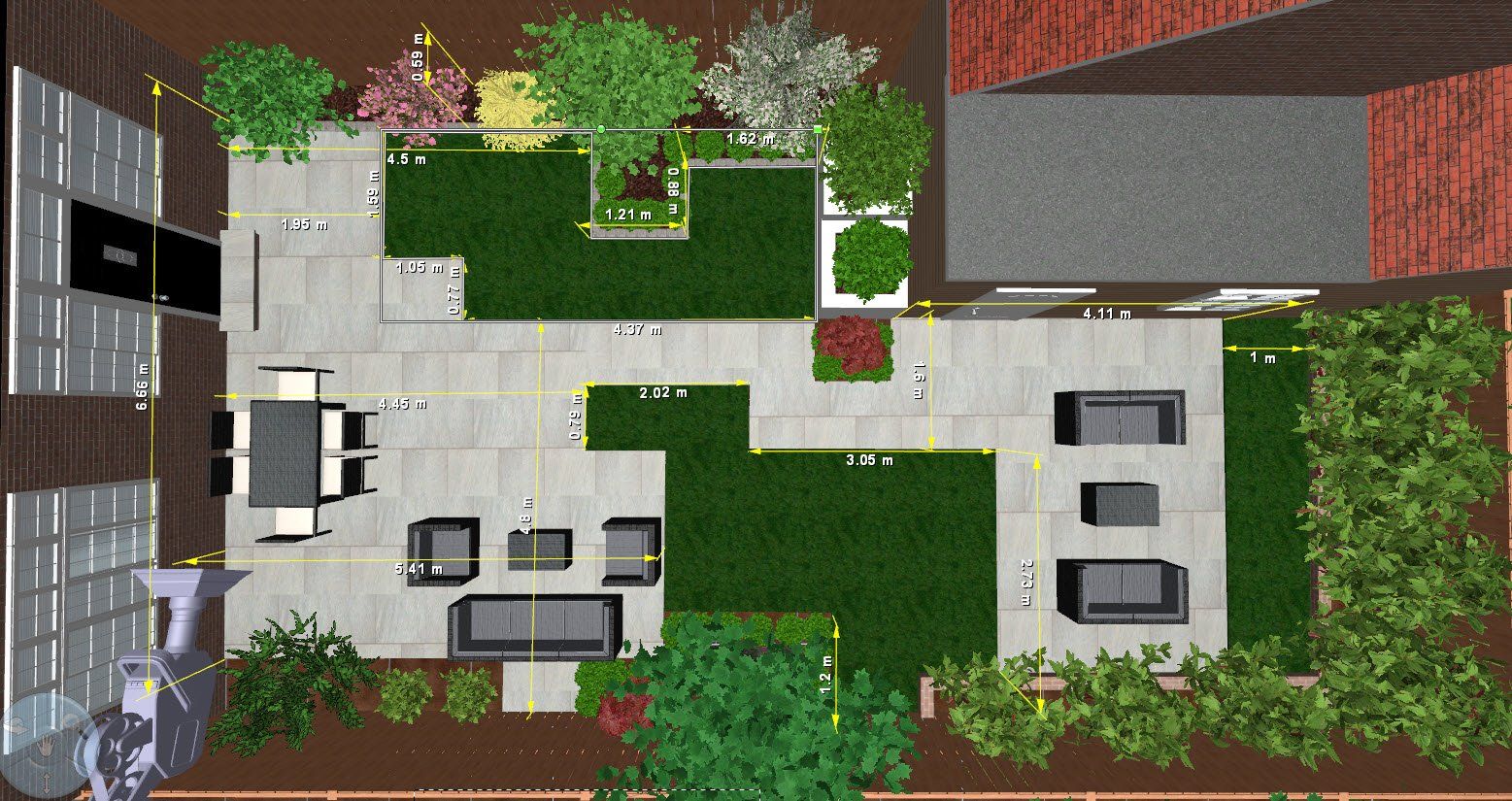 Overhead view of a modern backyard design with patio, lawn, seating, and trees.