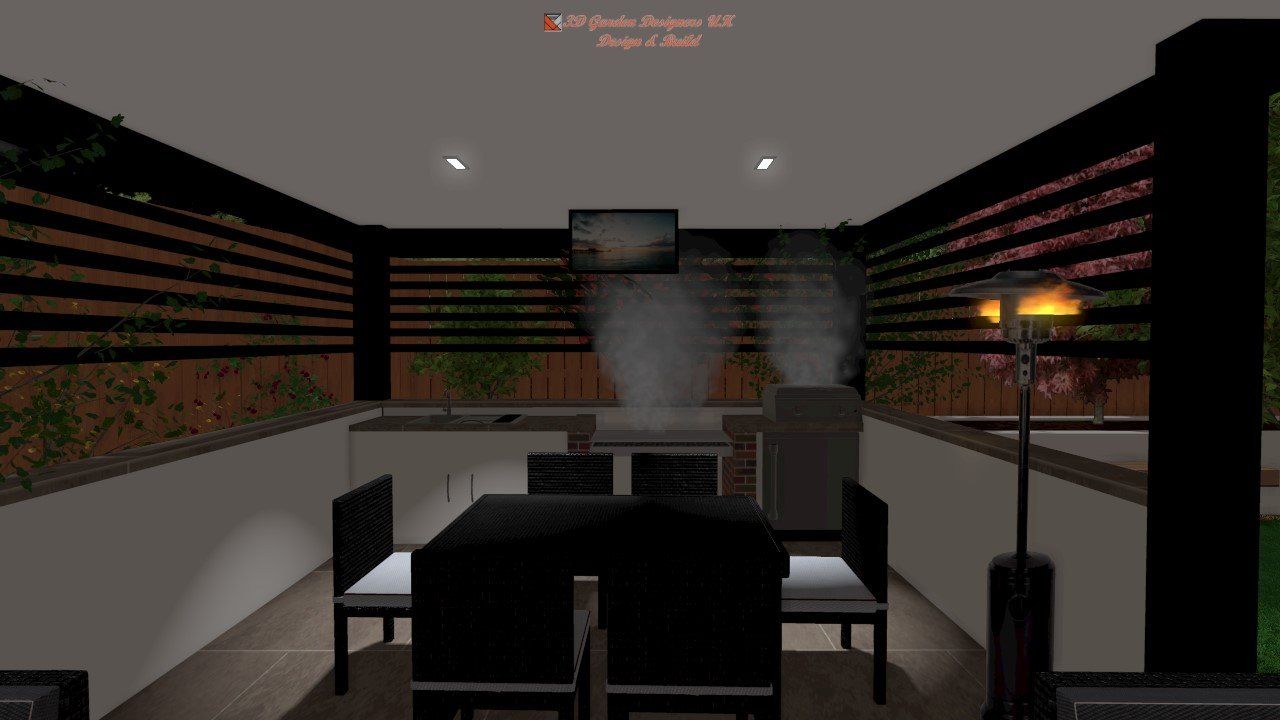 Outdoor patio at night with a covered table, chairs, grill, and heater under a pergola with horizontal slats.