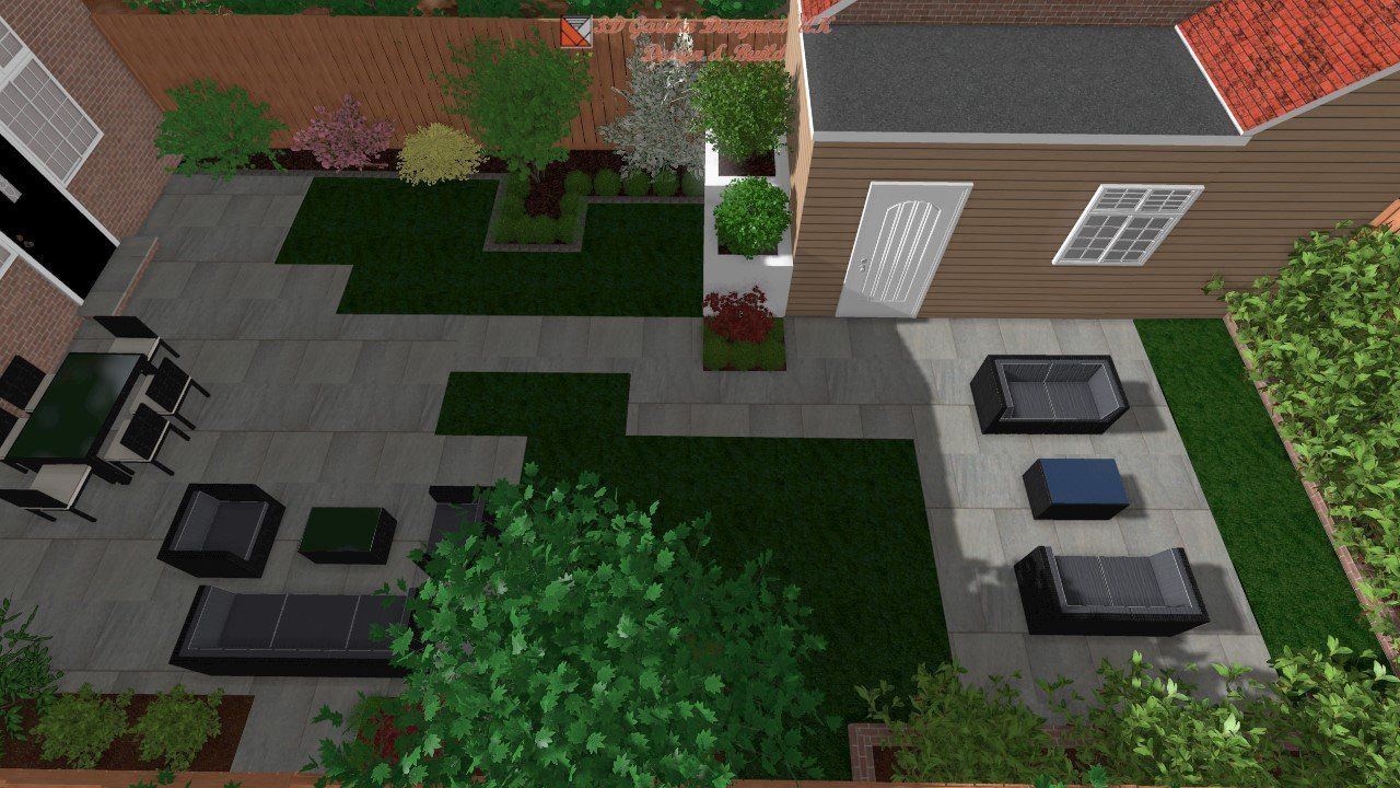 Overhead view of a modern backyard design with patio, lawn, and seating areas.