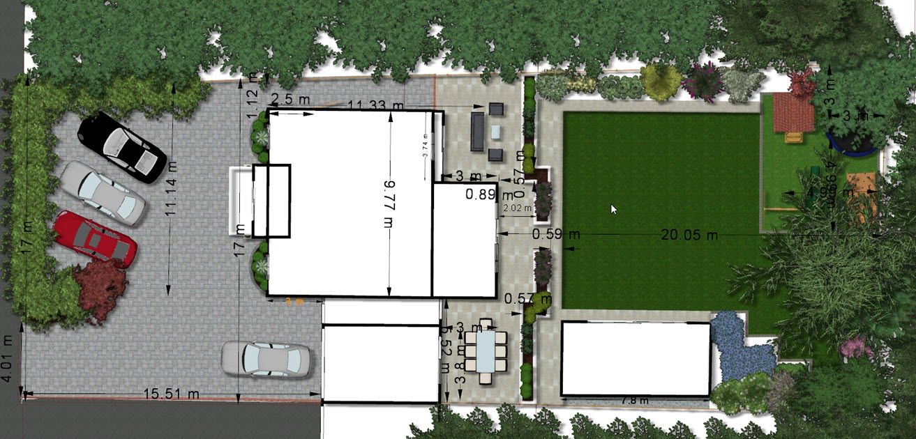 Top-down view of a property plan with a building, parking, patio, lawn, trees and garden.