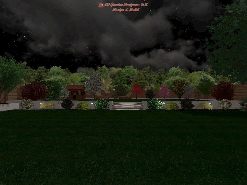 A night scene of a garden with illuminated plants and trees under a cloudy, starry sky.