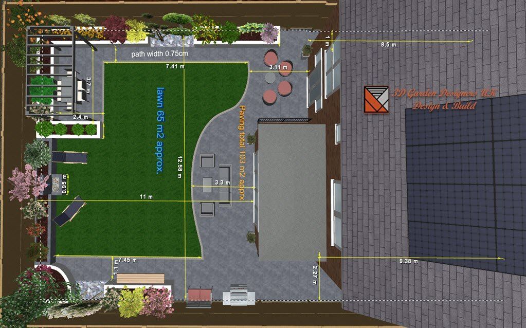 Top-down view of a backyard design with a lawn, patio, planting beds, seating areas, and a building.