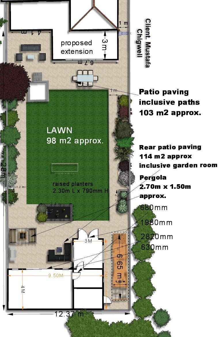 Top-down view of a backyard plan with a lawn, patio, and garden area, and proposed pergola.