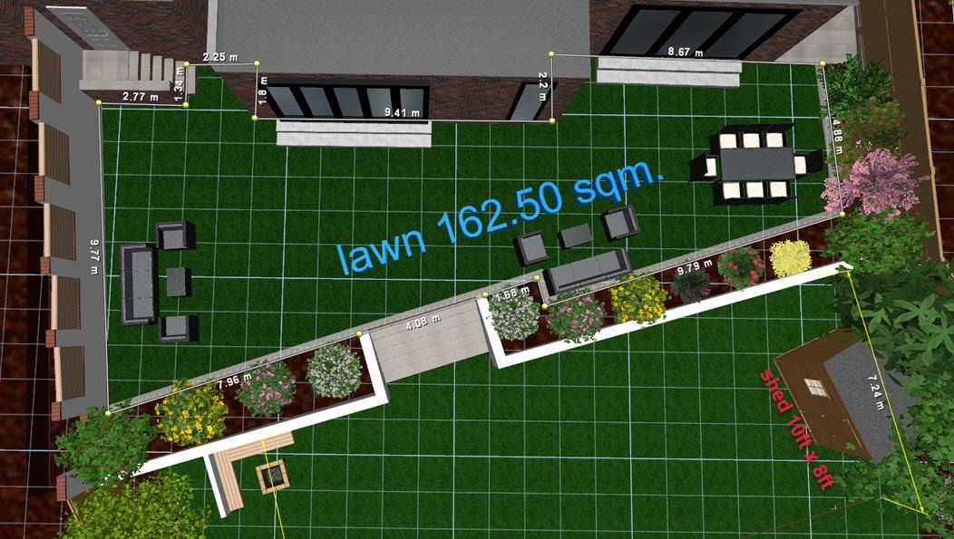 Overhead view of a modern backyard design with a lawn, patio, seating areas, and landscaping.