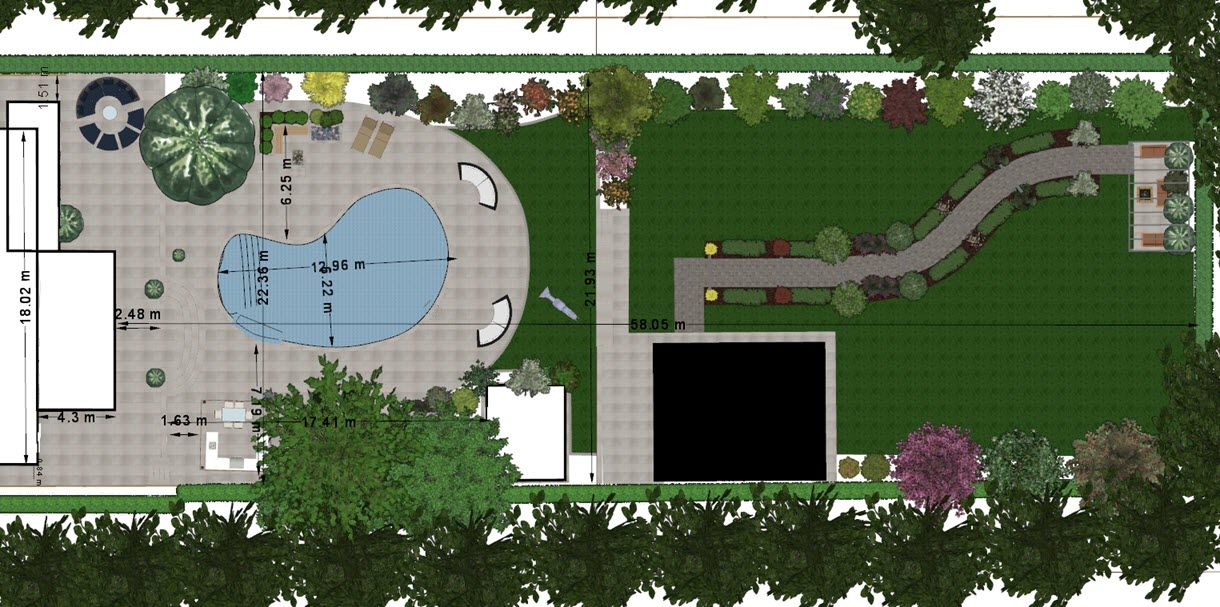 Overhead view of a backyard design with a pool, patio, lawn, and pathway. Trees line the perimeter.
