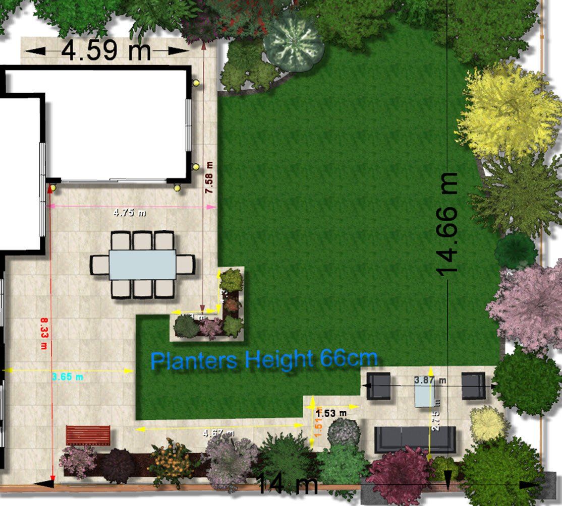 Top-down view of a garden layout with patio, lawn, and surrounding trees, planters labeled 