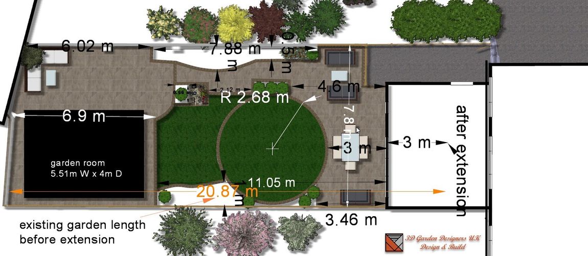 A garden layout plan with dimensions and labels: lawn, patio, and extension areas.