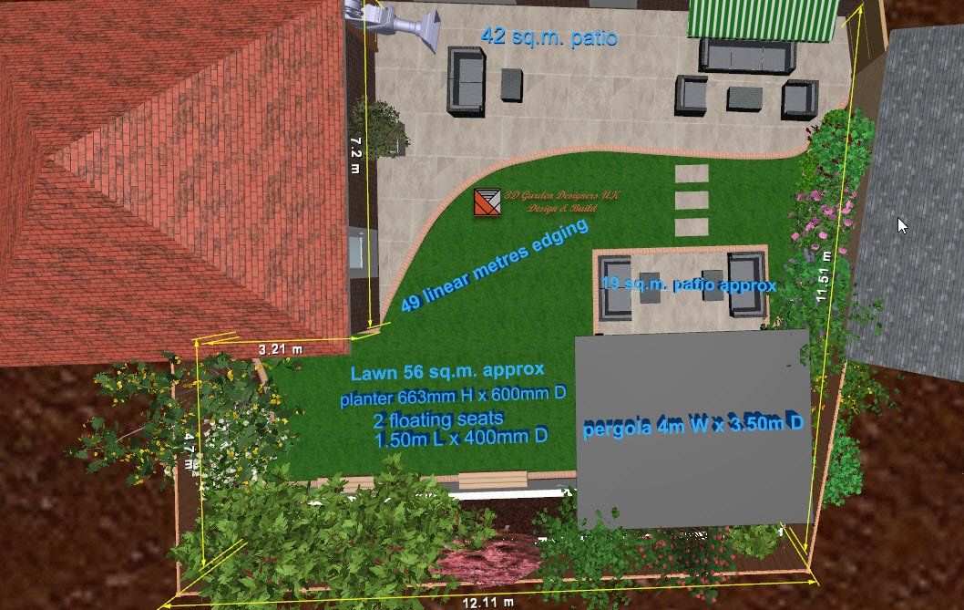 Overhead view of a backyard design with patio, lawn, seating, and landscaping with text labels.