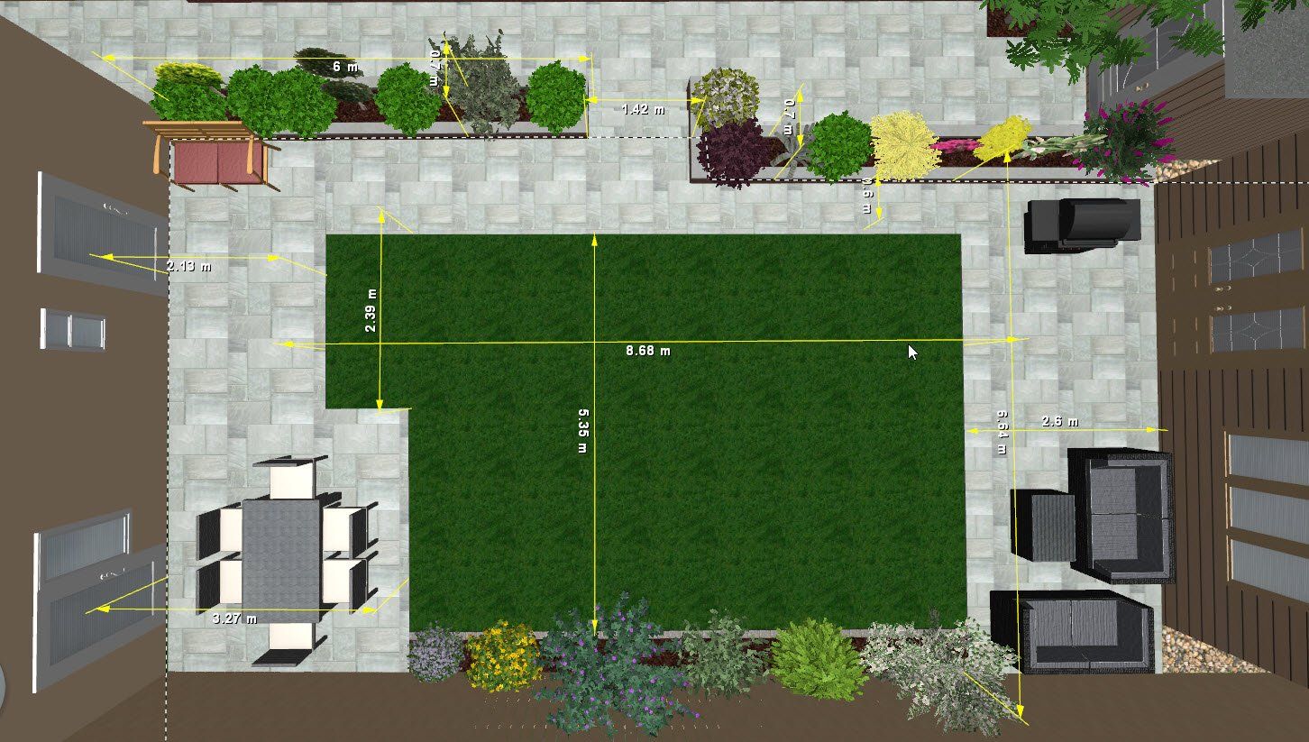 Overhead view of a backyard with a patio, lawn, and landscaping. Furniture and plants are arranged around the space.