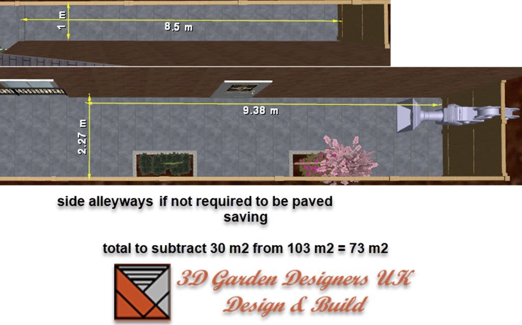 Diagram of an alleyway with measurements, suggesting paving savings. Brown and gray tones. Includes a 3D Garden Designers logo.