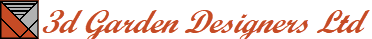 Logo for 3d Garden Designers Ltd. Features a geometric graphic with orange, gray, and white shapes. Text is in a brown, cursive font.