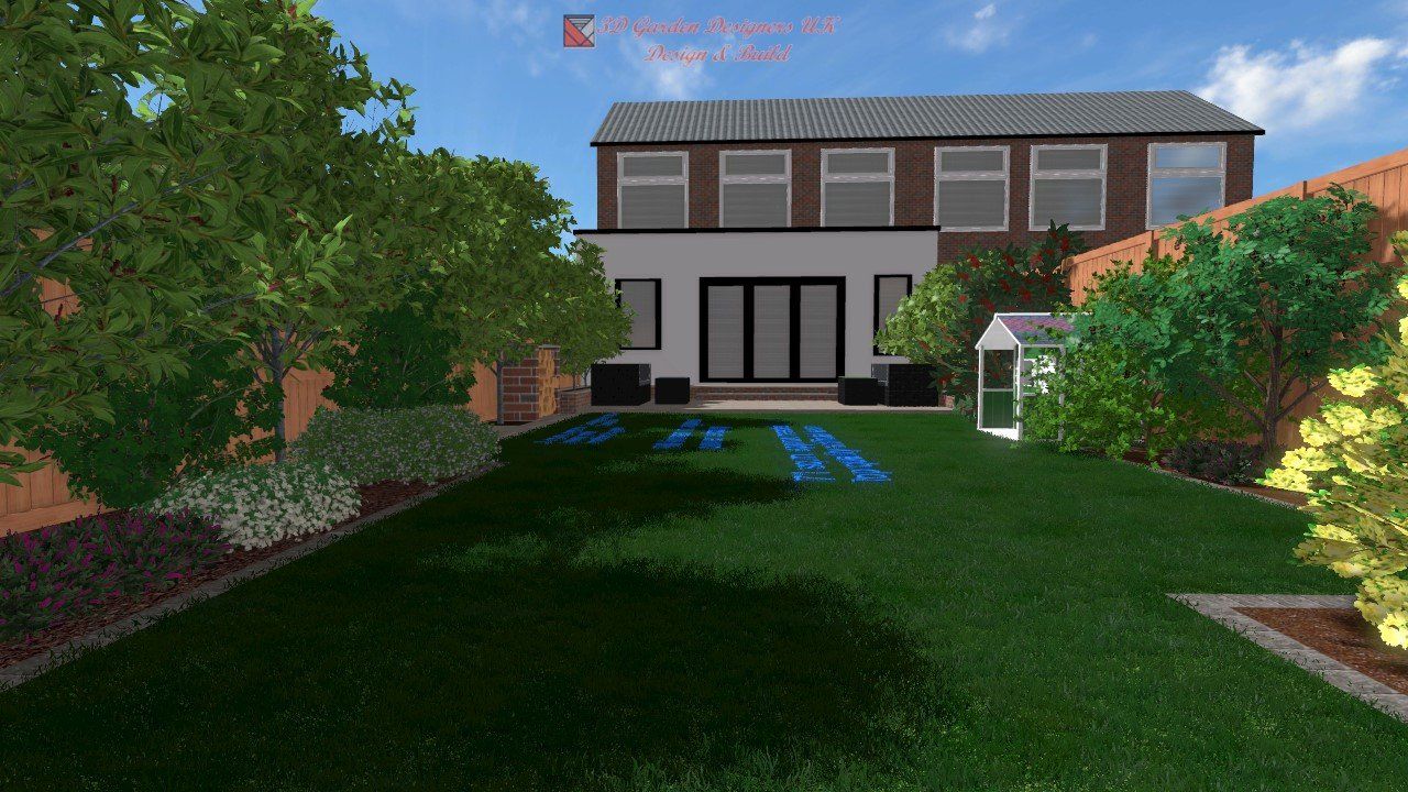 A backyard with green grass, trees, and a house with black doors.