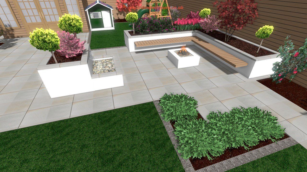 Patio with built-in planters, benches, and fire pit. Green lawn and colorful trees surround the paved area.
