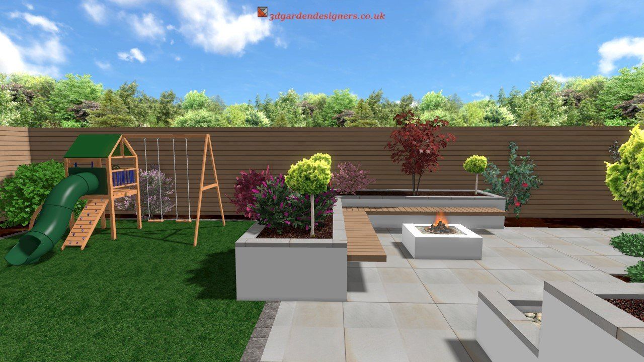 Backyard with a playground, fire pit, concrete planters, and wooden fence.