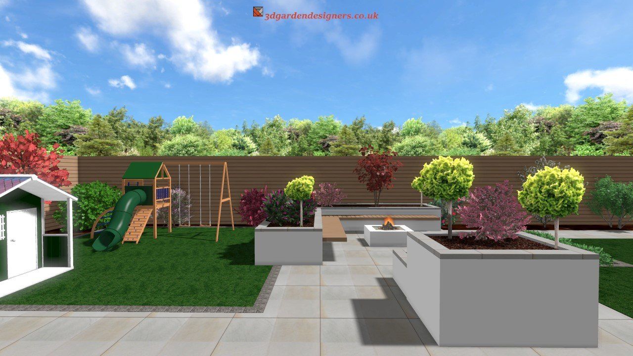 Backyard with play set, fire pit, concrete planters, and lush greenery under a blue sky.