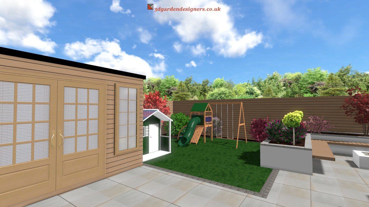 Backyard with a wooden shed, a play structure, and a manicured lawn under a sunny sky.