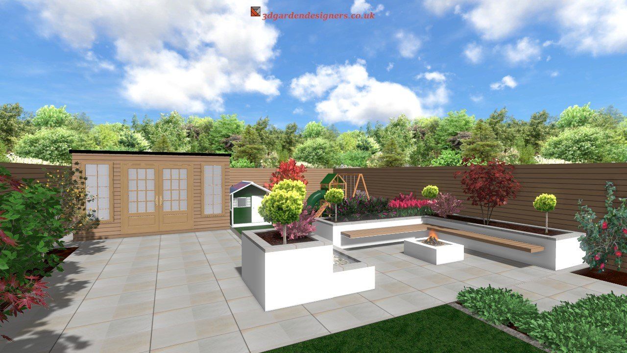 A garden patio with a wooden shed, white planters, benches, and various colorful plants under a blue sky.