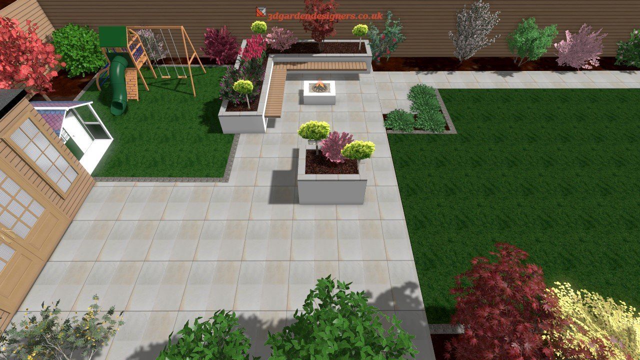 A modern backyard design with a paved patio, a grass lawn, a playground, and planters with colorful trees.