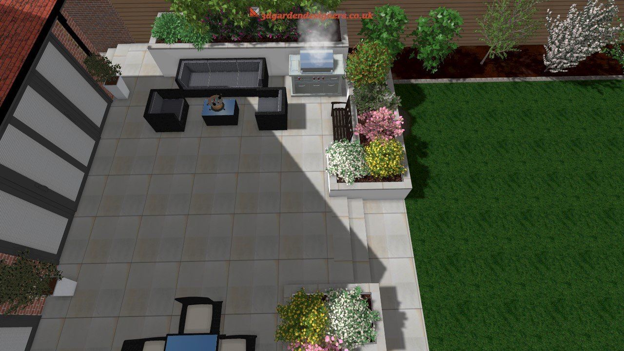 Overhead view of modern backyard with patio, grill, seating area, raised garden beds, and green lawn.
