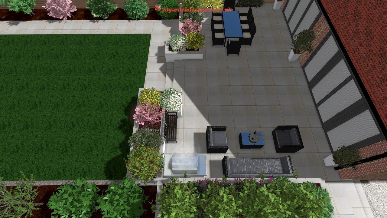 Overhead view of a modern patio with seating, dining area, and landscaping, featuring green grass, concrete, and plants.