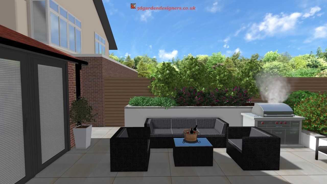 Patio with outdoor seating, a grill, and surrounding greenery under a blue sky.