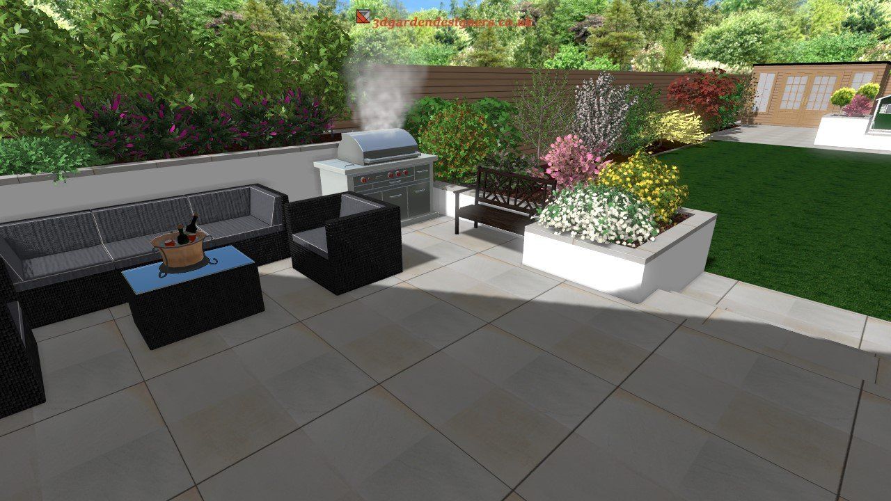 Patio with grill, seating area, raised garden beds, and trees. Sunny outdoor setting.