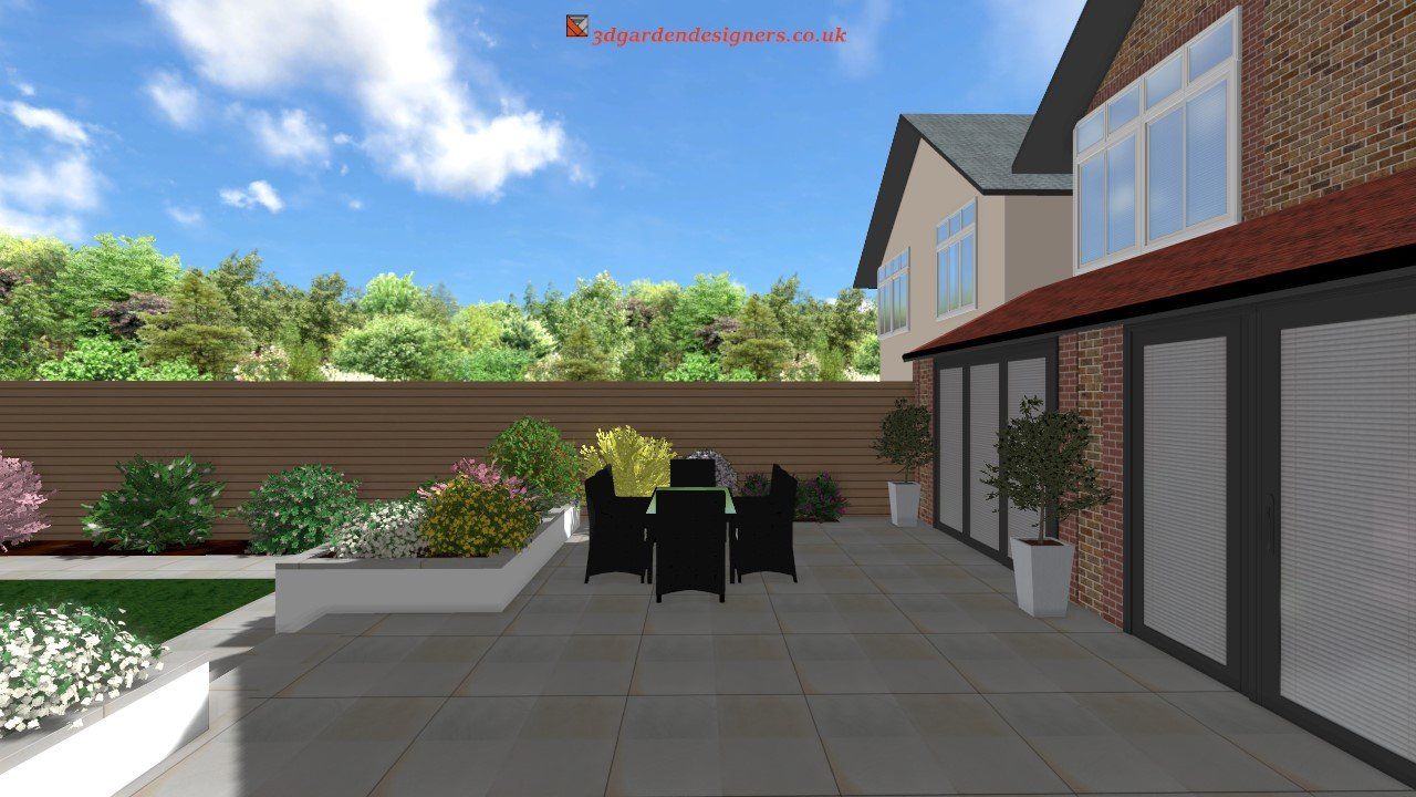 Backyard patio with dining set, raised flower beds, and house with large windows under a blue sky.