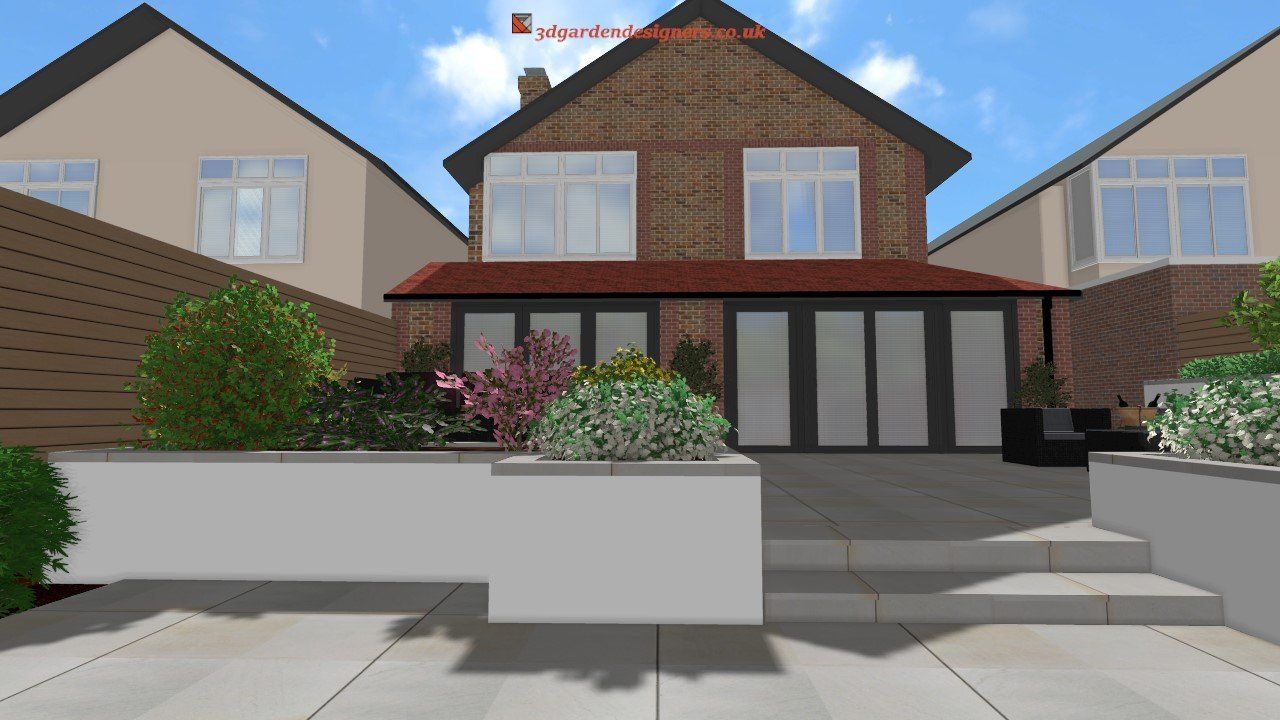 Backyard with a house, patio doors, and landscaping including raised planters with shrubs.