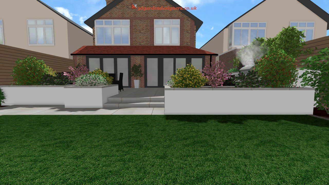 Rear exterior of a house with garden; white raised beds with bushes and flowers; green lawn.