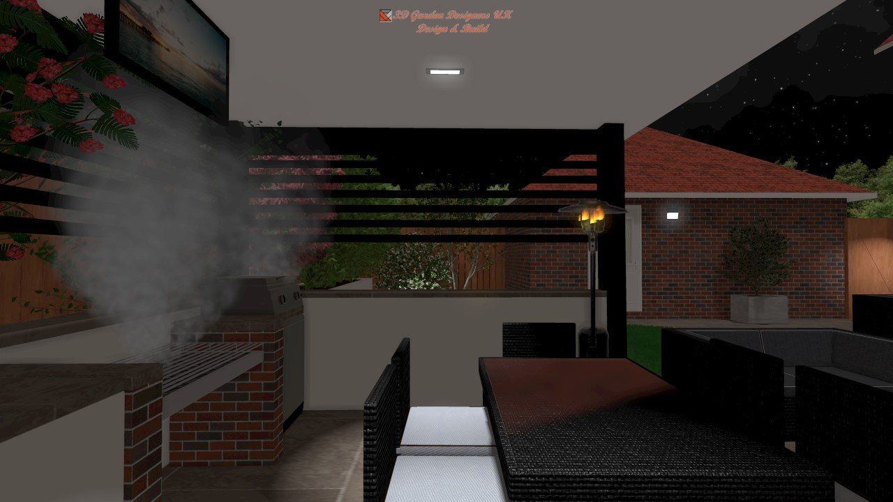 Backyard with smoking grill, table, and seating. Brick walls, black fence, and night sky visible.