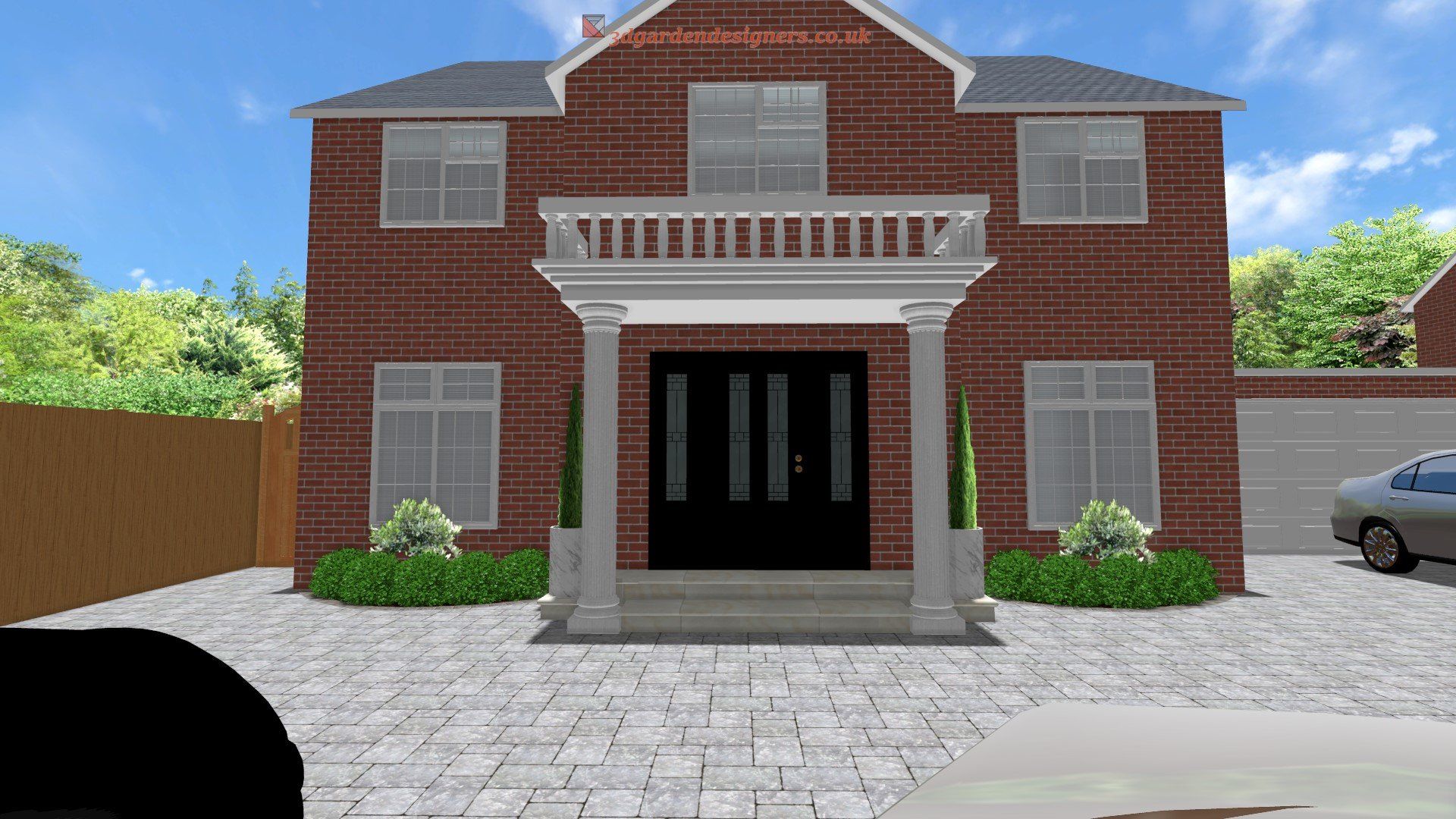Brick house with a portico, black front doors, and a gray driveway. A car and trees are in view.
