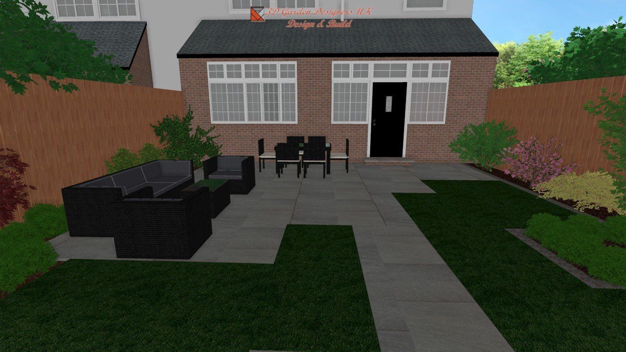 Backyard with patio furniture, brick building, grass lawn, and wooden fence.