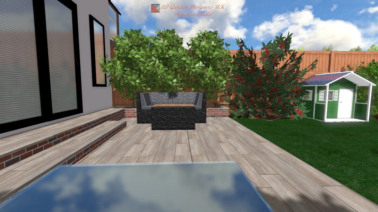 Backyard with patio furniture, green grass, a playhouse, and a wooden fence on a sunny day.