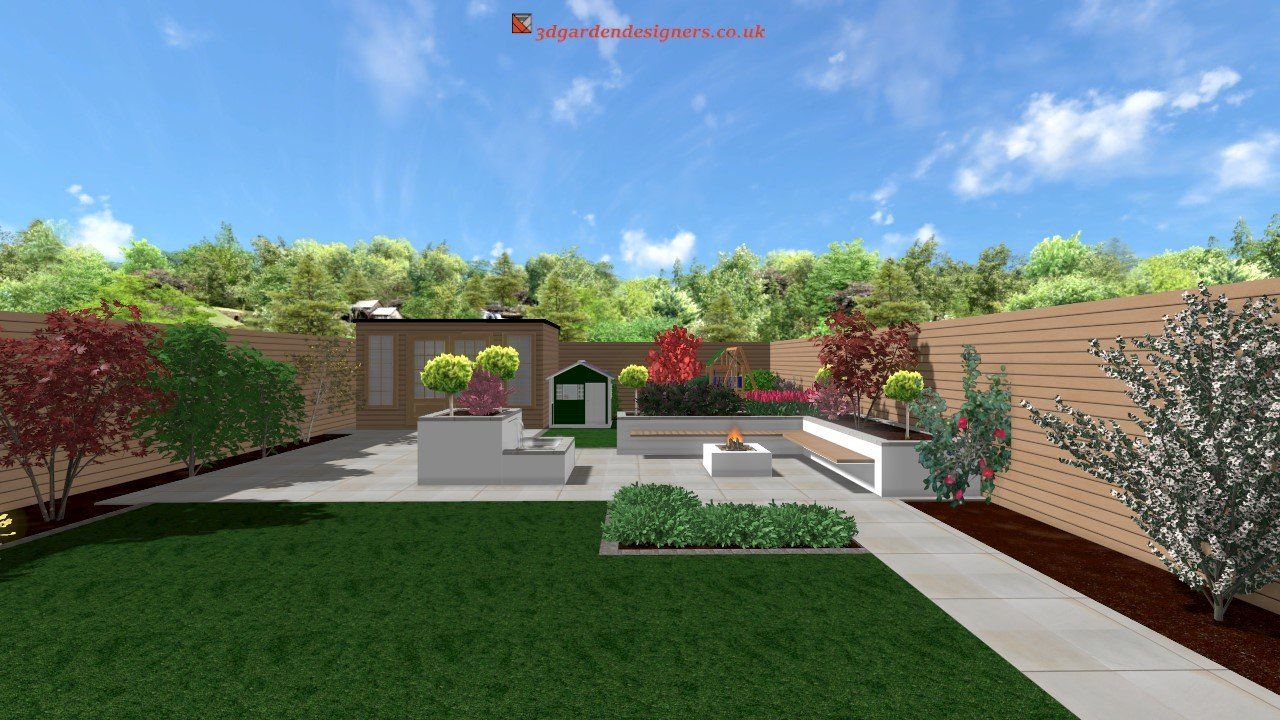 Rendered backyard design with a green lawn, concrete patio, planters, and a sunny sky.