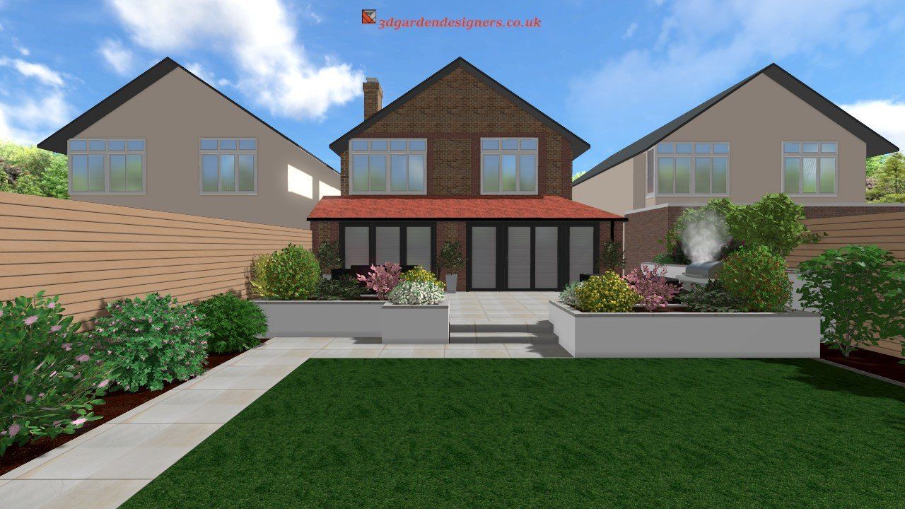 Rear garden design with house, retaining walls, steps, lawn, plants, and fountain against a blue sky.