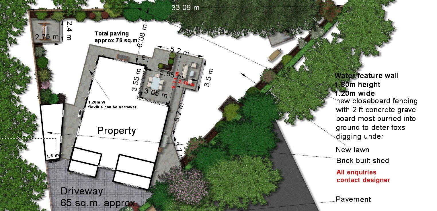 Overhead view of a property plan, featuring a driveway, building, landscaping, and text annotations.