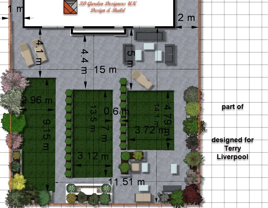 Top-down landscape design with patio, lawn areas, and plantings, designed for Terry Liverpool.