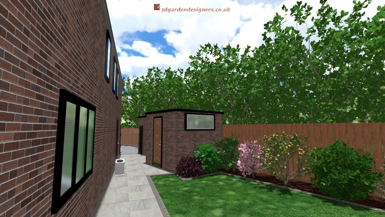 Brick house exterior with a small yard, grass, and a shed; trees and blue sky background.